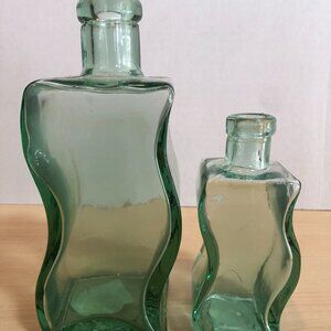 Spanish Green Recycled Glass LOT of 2 Curvy Glass Bottles #F76
